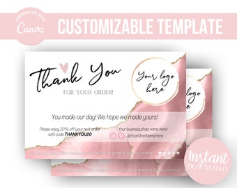 Puede incluir: Tarjeta de agradecimiento rosa y dorada con un corazón y el texto "Thank You" y "For Your Order!" La tarjeta también incluye un círculo con el texto "Your logo here" y un código de descuento "THANKYOU20".