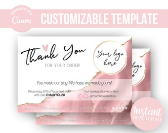 PINK/GOLD Glitter Thank You Card Template, Agate Gemstone Business Insert card Template, Calling Cards, Printable, EDITABLE in Canva