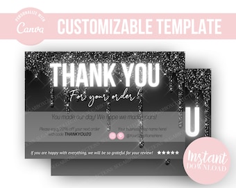 DIY DRIP GLITTER Neon Thank You Card Template Black/Pink, Glam Editable thank you cards, Beauty Thank You Flyer, Editable in Canva