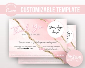 DIY Pink/Gold Glitter Thank You Card Template, Pink agate thank you cards, Glam Beauty Thank You Flyers, Flyer Inserts, Editable in Canva