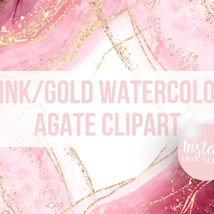 Pink/Gold Watercolor Agate Clipart: Digital PNG Clip Art Geode, Crystal Overlay Graphics, Pastel Gold Glitter Glam for commercial use