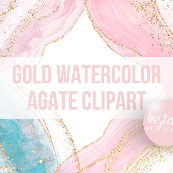 Pink/Blue/Gold Watercolor Agate Clipart: Digital PNG Clip Art Geode, Crystal Overlay Graphics, Pastel Gold Glitter Glam for commercial use