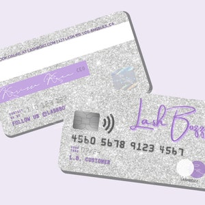 DIY creditcard visitekaartjes Canva sjabloon paars/zilver/iriserend, personaliseren/bewerken, schoonheidssalon visitekaartjes, zweep visitekaartjes