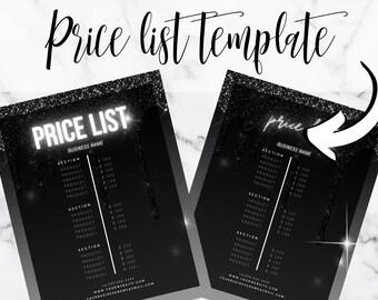 May include: Black and white price list template with a glittery background. The template has sections for product names and prices. The text "PRICE LIST" is in white with a glow effect. The text "BUSINESS NAME" is in white.