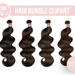 Puede incluir: Cuatro paquetes de extensiones de cabello humano en diferentes tonos de marrón. El cabello es ondulado y tiene un brillo natural. Los paquetes están atados con una cinta rosa y tienen un clip de oro rosa.