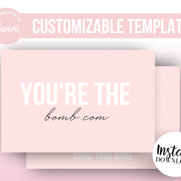 PINK/WHITE "You're the Bomb.Com" Thank You Card Template, 6x4, 5.5x4.25 | Cute/Funny Printable Business Shipping Insert | EDITABLE in Canva