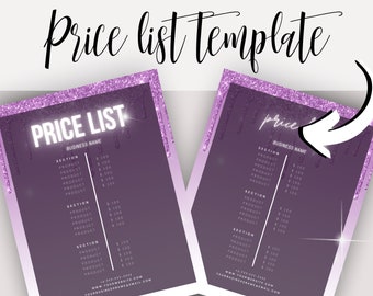 May include: A purple and white price list template with a glittery border. The template has sections for product names and prices. The text "PRICE LIST" is in a white box with a glittery effect. The text "BUSINESS NAME" is below the "PRICE LIST" text.
