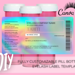 DIY Pillenflasche Lash Label holografische Vorlage, Rezept-Etikett für Wimpernverpackung, Sofortiger Download Digitale Vorlage, bearbeitbar