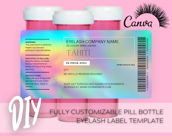DIY Pill Bottle Lash Label Holographic Template, Prescription label for lash packaging, Instant Download Digital Template, Editable
