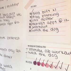 May include: A handwritten to-do list with checkboxes for tasks such as "Blog post x1", "Blog planning", "Call doctor", "Dentist appt @ 12", "Workout", and "Walk the dog".  The list is on a pink and white background.