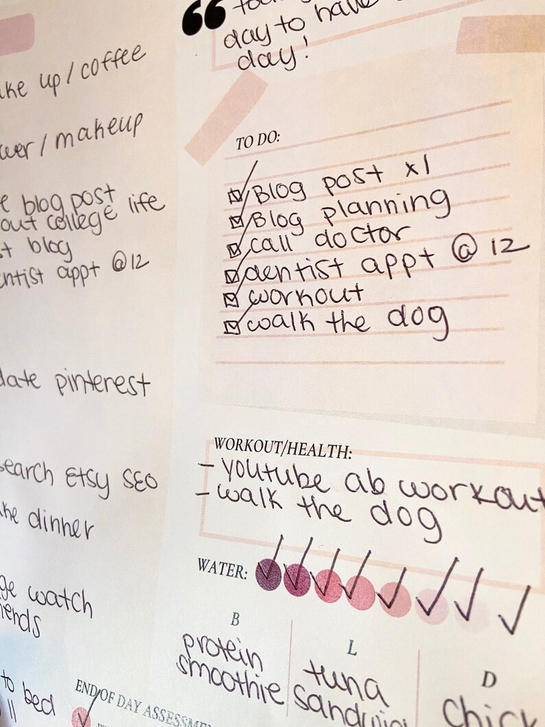 May include: A handwritten to-do list with checkboxes for tasks such as "Blog post x1", "Blog planning", "Call doctor", "Dentist appt @ 12", "Workout", and "Walk the dog".  The list is on a pink and white background.