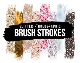 Glitter + Holographic Glam Beauty Brush Strokes, Glitter Brush Stroke Clipart, Holographic Brush Strokes, Gold Glitter Brush Strokes, PNG