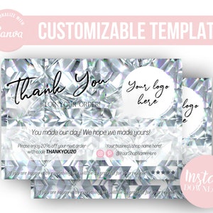 DIY DIAMOND Thank You Card Template, Holographic glam thank you cards, Business card Template, Insert Cards, Printable, EDITABLE in Canva