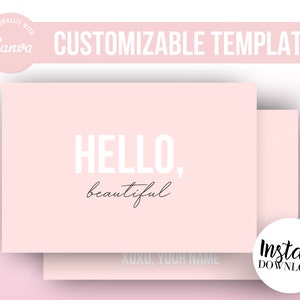 ROSA/BLANCO "¡Hola, hermosa!" Plantilla de tarjeta de agradecimiento, 6x4, 5.5x4.25 / Inserto de envío comercial imprimible lindo/divertido / EDITABLE en Canva