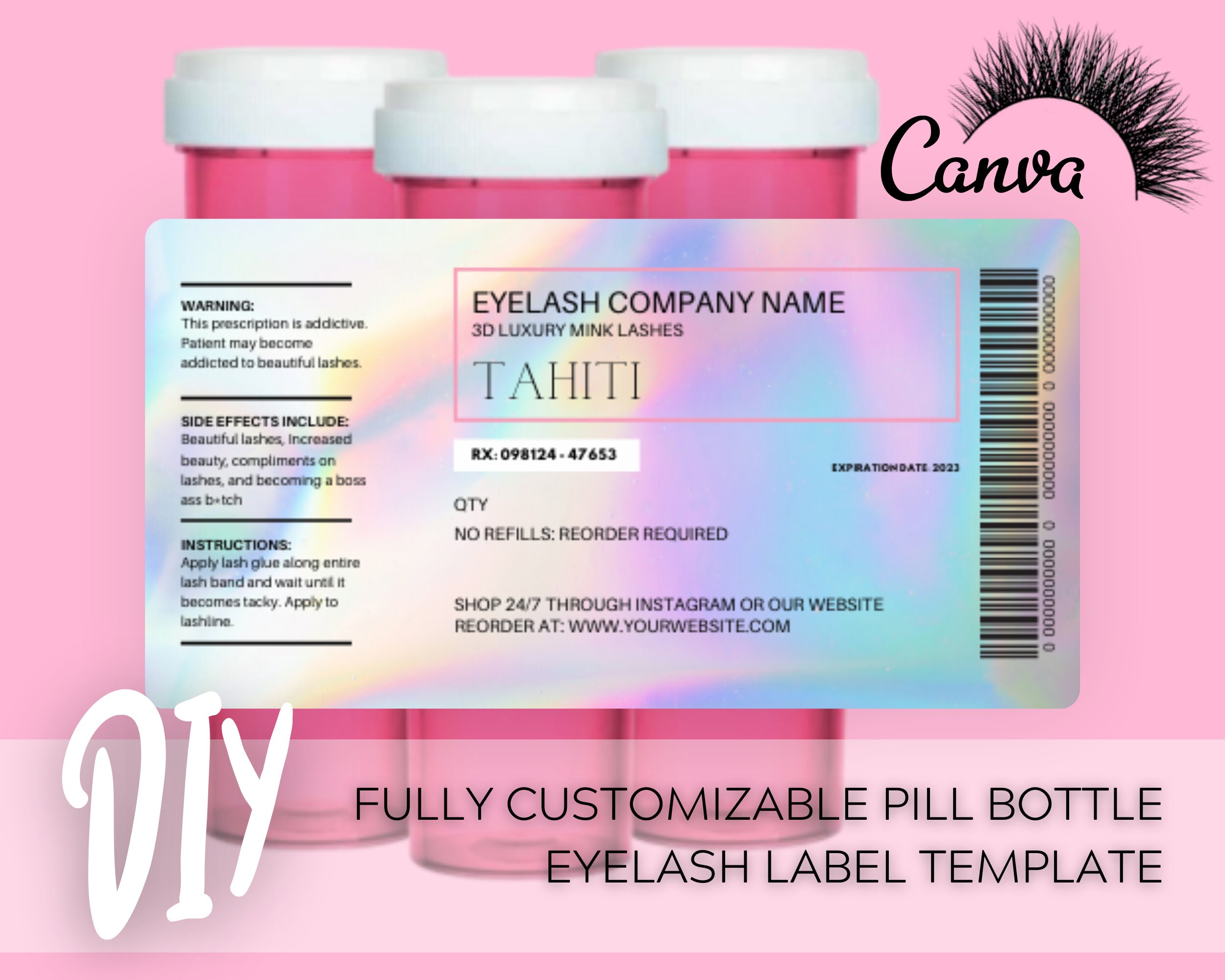 Diy Pill Bottle Holographic Lash Label Template Prescription Label For Lash Packaging Instant Download Digital Template Editable