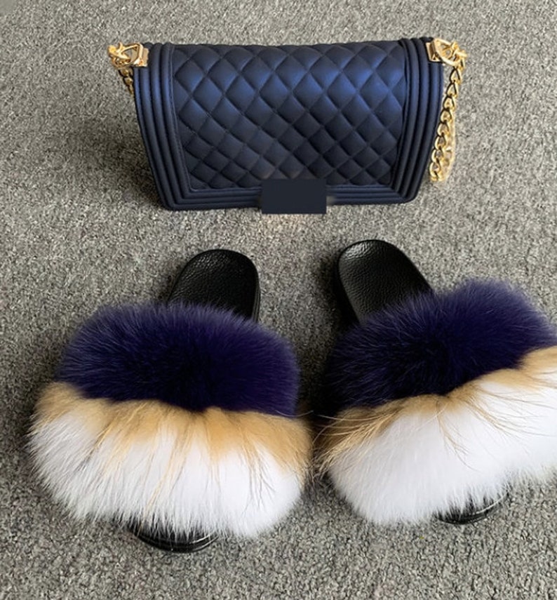 fur slides with matching purse vendor