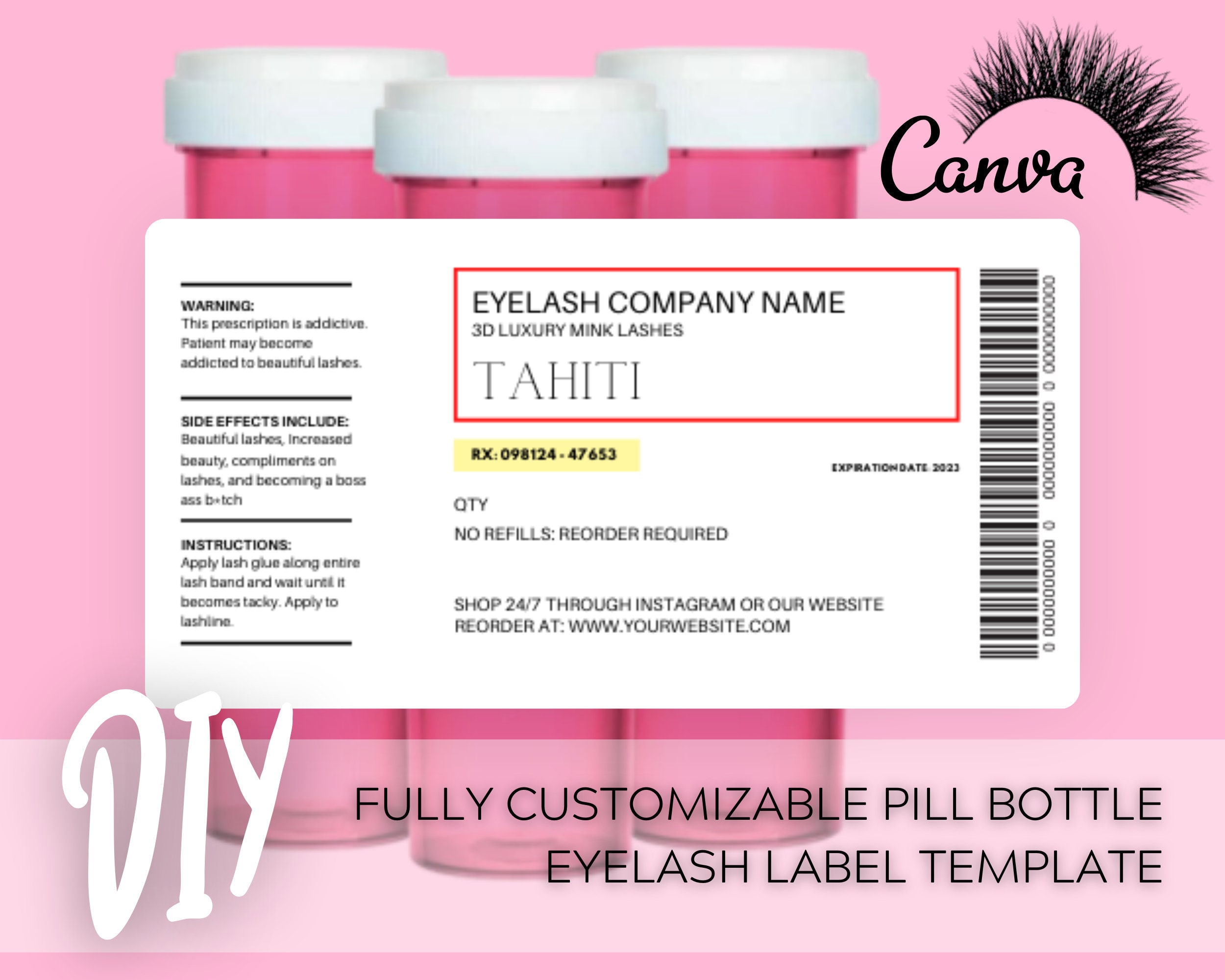 DIY Pill Bottle Lash Label Template Prescription Label for  Etsy For Prescription Labels Template