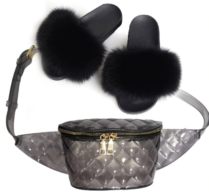 fur slides with matching purse vendor