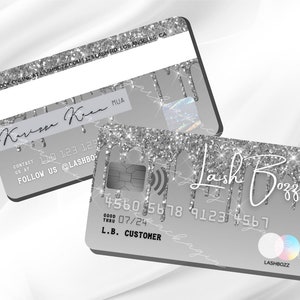 Modelo Canva de cartões de visita de cartão de crédito DIY, personalizar/editar, cartões de visita de salão de beleza, cartões de visita com glitter, holográfico, preto