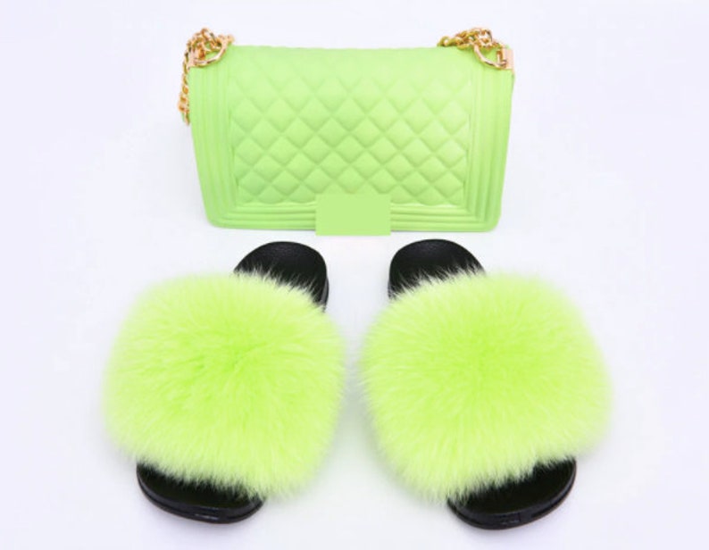 fur slides with matching purse vendor