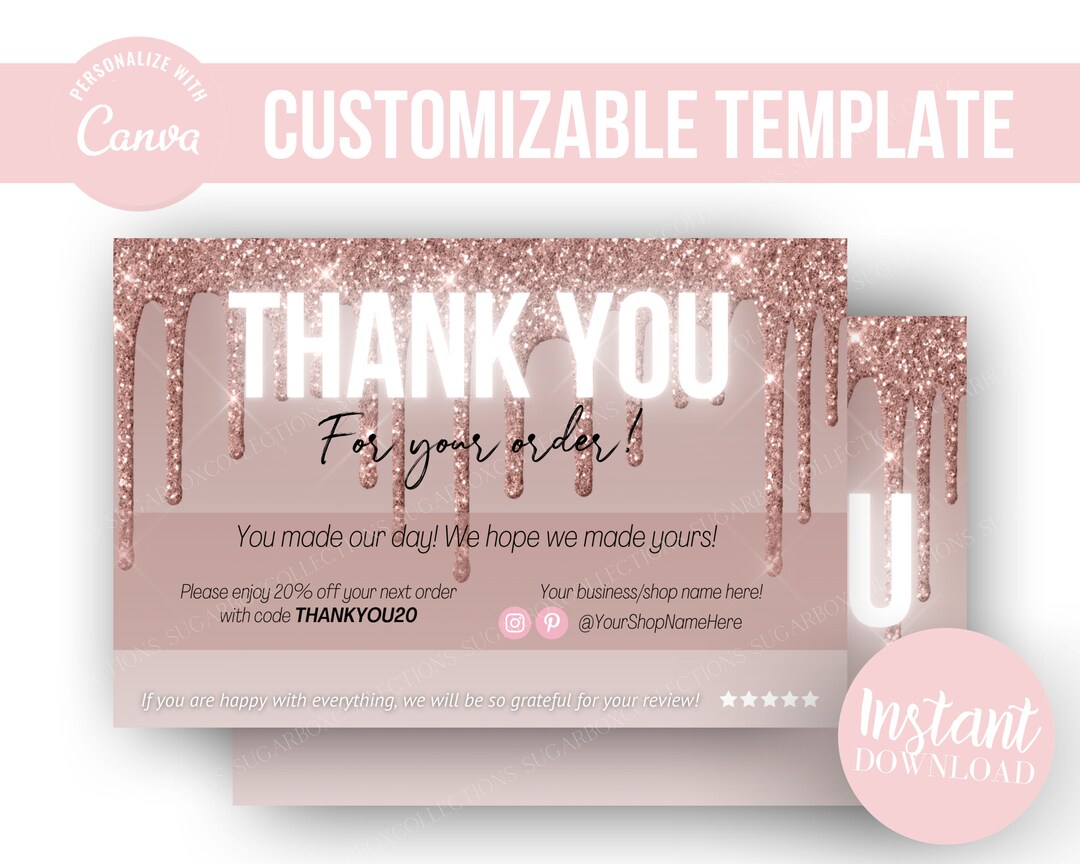 DIY DRIP GLITTER Neon Thank You Card Template Rose Gold/pink, Glam ...
