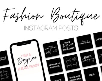 Puede incluir: Una colección de plantillas de publicaciones de Instagram en blanco y negro para una boutique de moda. Las plantillas presentan texto como "Tengo un título en terapia de ventas al por menor", "Comprar es más barato que la terapia" y "Pero primero, comprar".