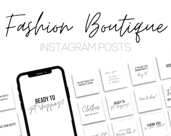 May include: A collection of 12 black and white Instagram post templates for a fashion boutique. The templates feature quotes about fashion, shopping, and style. Some of the quotes include "Ready to get shopping?", "Life is a party... Dress like it", and "Clothes make me happy".