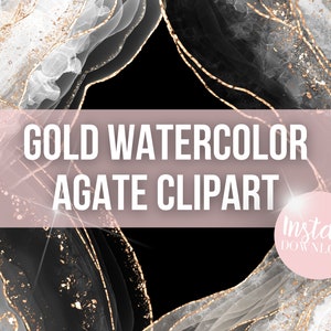 Black/White/Gold Watercolor Agate Clipart: Digital PNG Clip Art Geode, Crystal Overlay Graphics, Pastel Gold Glitter Glam for commercial use