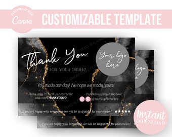 DIY Black/Gold Glitter Thank You Card Template, Pink agate thank you cards, Glam Beauty Thank You Flyers, Flyer Inserts, Editable in Canva