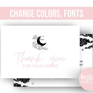Puede incluir: Una tarjeta de agradecimiento con una ilustraci&oacute;n en blanco y negro de una luna creciente y nubes. El texto "Gracias por su pedido" est&aacute; escrito en rosa.