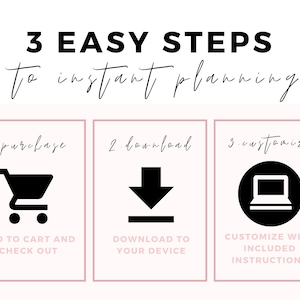 Puede incluir: Tres pasos para una planificaci&oacute;n instant&aacute;nea: comprar, descargar y personalizar. Los pasos se ilustran con iconos de un carrito de compras, una flecha de descarga y un ordenador port&aacute;til.
