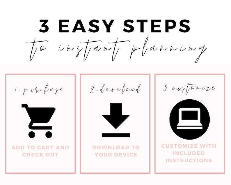 Puede incluir: Tres pasos para una planificaci&oacute;n instant&aacute;nea: comprar, descargar y personalizar. Los pasos se ilustran con iconos de un carrito de compras, una flecha de descarga y un ordenador port&aacute;til.