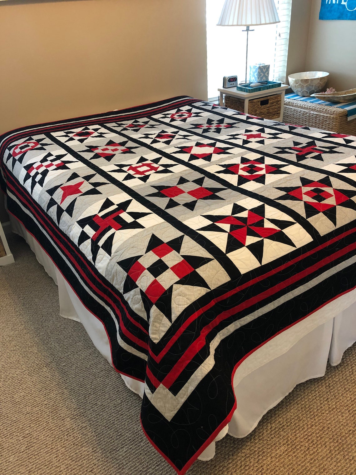 Star Blocks Queen Quilt in Black Red Gray and White. | Etsy