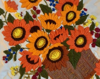 Vintage 1970's Unframed Embroidery | Sunflower Basket