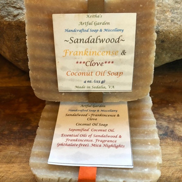 Sandalwood Frankincense and Clove Coconut Oil Soap vegan and luxurious. 4 oz.