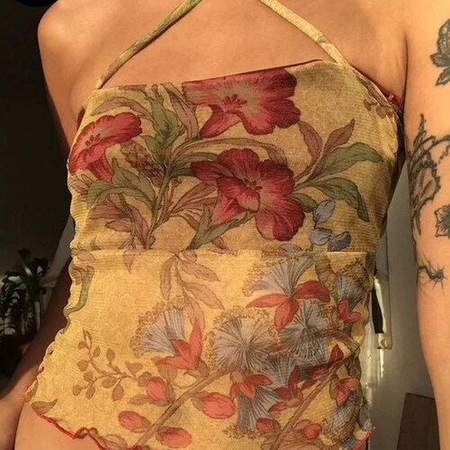 Vintage Floral Crop Top Print Mesh Halter Tank Top Women Etsy