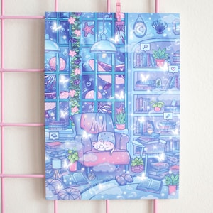May include: A whimsical illustration of a cozy reading nook with a bookshelf filled with books, a comfy armchair with a cat sleeping on it, and a window with a view of a starry night sky. The room is decorated with plants, a crescent moon, and a starfish.