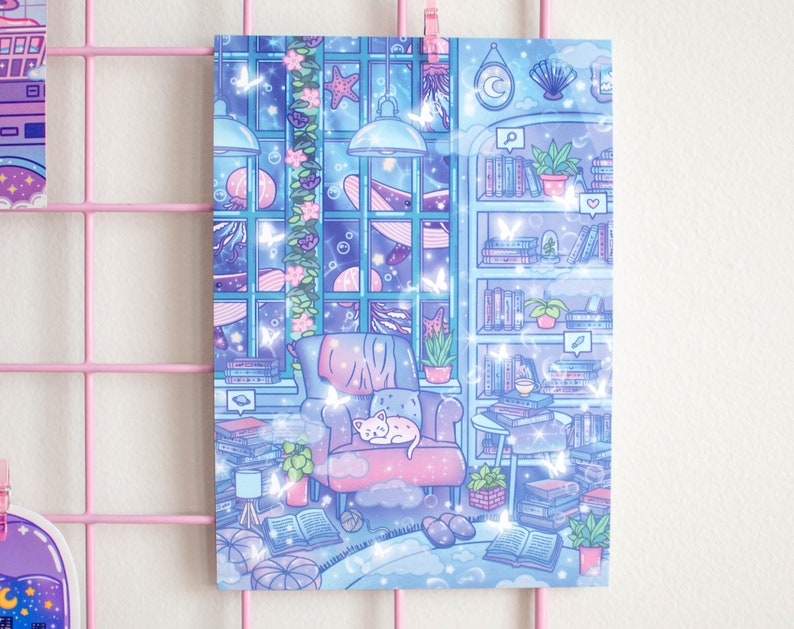 May include: A whimsical illustration of a cozy reading nook with a bookshelf filled with books, a comfy armchair with a cat sleeping on it, and a window with a view of a starry night sky. The room is decorated with plants, a crescent moon, and a starfish.