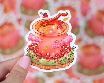 Mushroom Cauldron Vinyl Waterproof Sticker | Cute Kawaii Cottagecore Autumn Fall Witch Laptop Decal