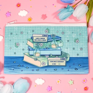 Stacked Books Cute Aesthetic Pencil Case | Bookworm Canvas Bag Zipper Pouch