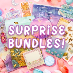 May include: A selection of stationery items, including stickers, notepads, and a keychain, arranged on a pink surface. The words "SURPRISE BUNDLES!" are displayed in a purple font. Decorative elements include floral and celestial motifs.