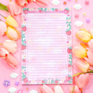 Erdbeeren To Do Liste Planner Pad | Verträumtes Notizbuch im Kawaii Stil