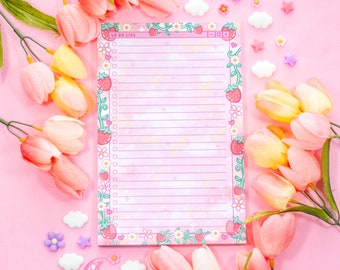 Strawberries To Do List Planner Pad | Dreamy Cute Kawaii Art Aesthetic Stationery Note Pad
