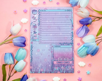 Secret Garden Daily Planner Pad | Dreamy Floral Cute Kawaii Art Aesthetic Stationery Note Pad