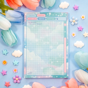 May include: A notepad with a grid pattern and a sky-themed design, featuring text that reads "index.html", "home.html", "course code", "style.css", and "bootstrap". The notepad is surrounded by decorative flowers and star-shaped embellishments.