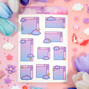 May include: A sheet of stickers featuring a grid pattern with a pastel purple and blue gradient. Each sticker has a cloud with stars and a window frame with a close button. The text "UNICORN ECLIPSE" is at the top of the sheet.