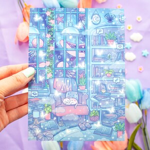 May include: A whimsical illustration of a cozy living room with a cat napping in a chair, surrounded by bookshelves filled with books and plants. The room is decorated with a starry night sky and glowing stars, creating a magical atmosphere.