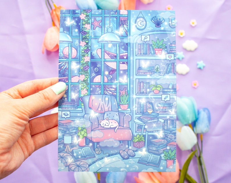 May include: A whimsical illustration of a cozy living room with a cat napping in a chair, surrounded by bookshelves filled with books and plants. The room is decorated with a starry night sky and glowing stars, creating a magical atmosphere.