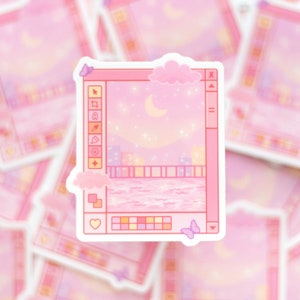 May include: A pink and purple sticker with a cartoon image of a computer screen showing a night sky with a crescent moon, stars, and a cityscape. The screen has a toolbar with icons and a color palette.