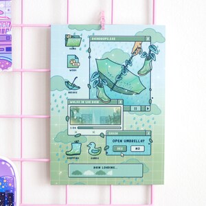 May include: A digital illustration of a computer screen with a green umbrella, rain drops, and the text "ROINDROPS.EXE", "WALKS IN THE RAIN", "OPEN UMBRELLA?", and "RAIN LOADING..."